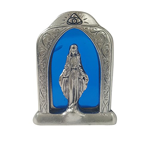 Estatua de repisa Lady of Grace de estaño y vidrio azul
