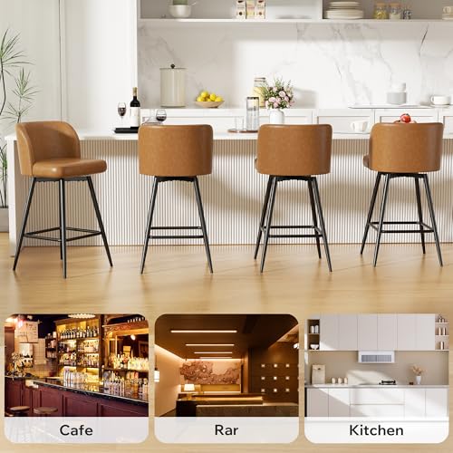 Image of Swivel Bar Stools Set of 6, 26 inch Counter Height Bar Stools with High Back and Metal Legs, Faux Leather Bar Chairs, Modern Barstools for Kitchen Island, Caramel