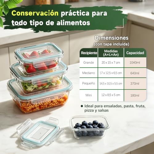 Miniatura 2 de Hausvivo Recipientes Herméticos De Cristal 4 Piezas Fiambreras De Vidrio Con Tapa 1040ml 640ml 370ml 180ml Apto Microondas, Horno, Congelador Sin Bpa Almacenamiento De Comida