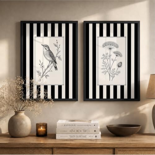 Image of Vintage Black White Wall Art Frames for Living Room Bedroom - Minimalist Botanical & Bird Stripe Wall Painting Set | Modern Aesthetic Monochrome Home Wall Decor with Frame (Art 17, 13x19 Inches, Black)