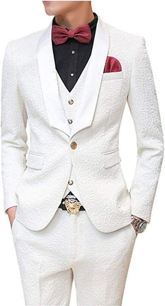 White Patterned Wedding Suits for Men 3 Pieces Groom Tuxedos