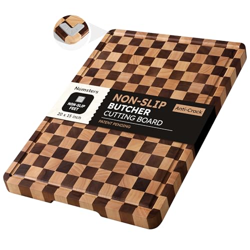 Image of Cutting Boards for Kitchen Checkered Cutting Board 20in Acacia Wood Charcuterie Board Serving Heavy Duty Non Toxic Slip Over Sink Butcher Block Wood Chopping Board with Juice Grooves Handles