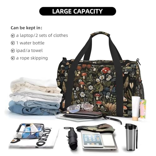 Small Duffel Bags Vintage Mushroom Print Travel Bag for Men Women, Duffle Bag & Gym Bag Weekender Overnight Bag Carry on Bags Cute Green Boho Floral Daisy Big Gym Bag4