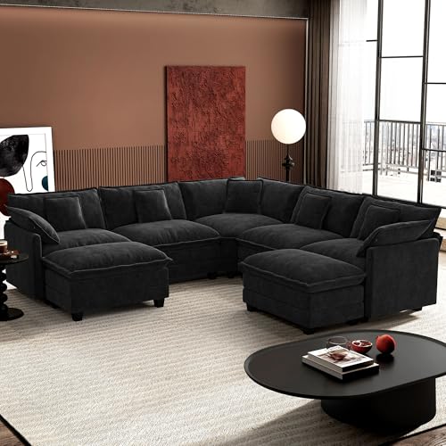 Image of Ihanherry 114 inch V-Shaped Modern Sofa Modular Sectional Cloud Couch with 2 Ottoman, 7-Seat Chenille Deep Seat Sofa with Corner Section for Living Room, Bedroom and Apartment, Black