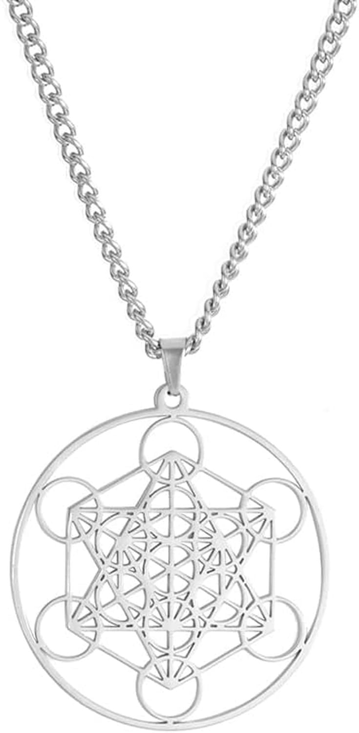 DAEFAG Metatron Cube Necklace Stainless Steel Hollow Mesh Pendant Sacred Hexagram Religious Geometry Jewelry for Men Women, Silver
