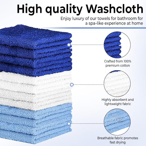 Image of QUBA LINEN 100% Cotton Washcloth Set - Soft, Absorbent Face Towels for Bathroom & Gym Use - Durable & Reusable Wash Cloths - (Blue, White and Navy (12x12), (Pack of 12)