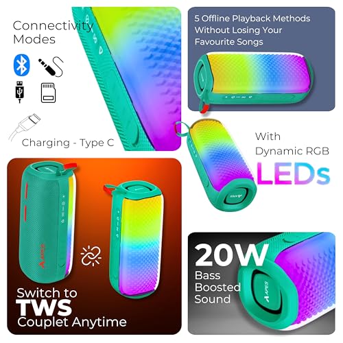 Image of APES Lightwave Bluetooth Speaker, 8Hrs Playtime, TWS Couplet Feature, Dynamic RGB LED's (Green)
