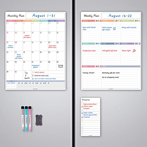 ALEZEL Magnetic Fridge Calendar Whiteboard, Dry Erase Refrigerator Calendar Set (3 Boards) - Magnetic Weekly Calendar for Fridge, Dry Erase Calendar, Grocery List White Board, 3 Markers + Eraser