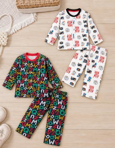 Image of 3BROS Kids Pure Cotton Night Suit Set | Boys Girls Printed Sleepwear Shirt & Pajama Clothing Combo | Soft Breathable Night Dress Outfit | Pack of 2