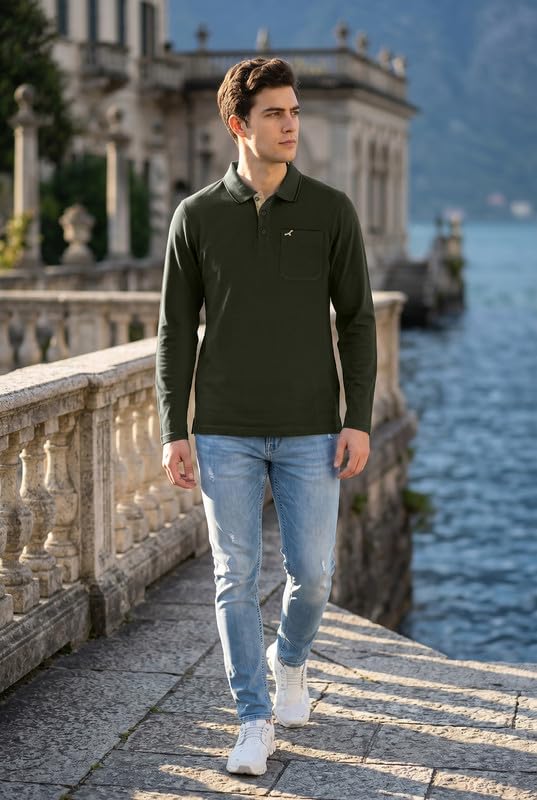 Image of AMERICAN CREW Full Sleeves Polo Collar T-Shirt with Pocket for Men