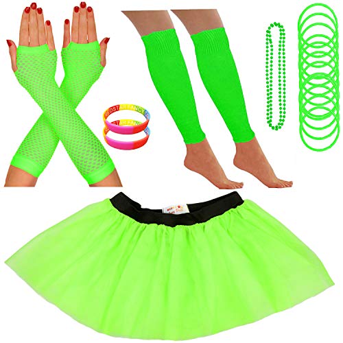 Redstar Fancy Dress - Tutu/guêtres/Mitaines résille/Collier de Perles/Bracelets en Caoutchouc/Bracelets Fluo - Vert - 42-50