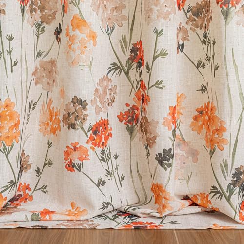 Image of MYSKY HOME Orange Linen Floral Curtains Semi Sheer Grommet Drapes Light Filtering & Privacy Protect, Farmhouse Window Treatments for Bedroom Living /Dining Room,52 inchx95 inch,2 Pcs
