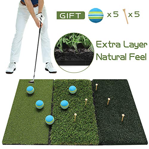 Running Raccoon Tri-Turf Golf Hitting Driving Mat, Practice Mat, Foldable Portable, Chipping Putting Green, Swing Trainer, Training Aids for Backyard Indoor & Outdoor Practice with Tees and Foam Balls