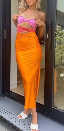 Patchwork Y2K Strapless Bodycon Dress Sexy Women Hollow Out Sleeveless Backless Summer Beach Dresses Party Club Sun Dresses(Criss Cross-Pink Orange,S) #TOP2