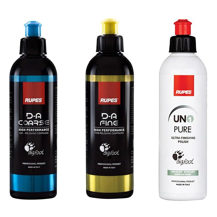 RUPES ruper DA Coarse + Fine Pulido + UNO Pure (3 x 250 ml) Sistema de pulido en 3 pasos