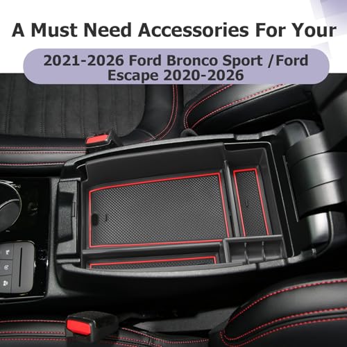 Image of LUWU Center Console Organizer Compatible with Ford Escape 2020-2025 2026 Accessories Bronco Sport 2021-2025 Accessories Armrest Console Storage Box Insert Tray ABS Material Black Coin Container Red