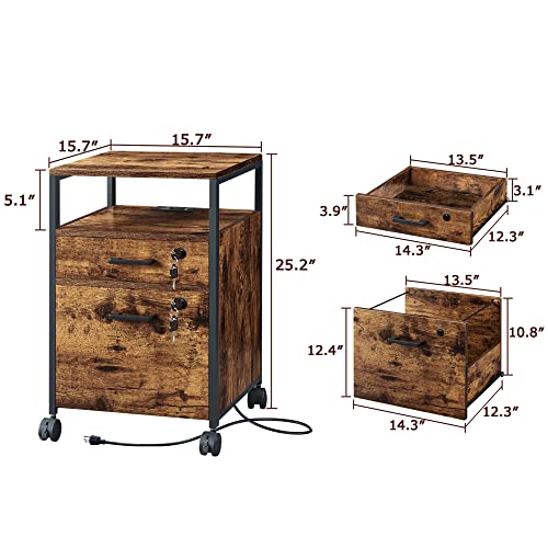 Superjare File Cabinet With Lock & Charging Station, 2 Drawers Rolling Filing Cabinet, Office File Cabinet With Wheels & Open Shelf, For Home Office, A4/Letter Size Files - Rustic Brown #TOP2