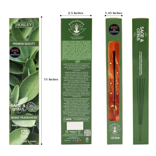 Image of HOSLEY Incense Sticks with Wooden Holder|120 Sticks Sage & Citrus Natural Fragrance|Infused with Essential Oils Agarbatti Sticks|Perfect for Home, Pooja,Meditation(Pack of 1)