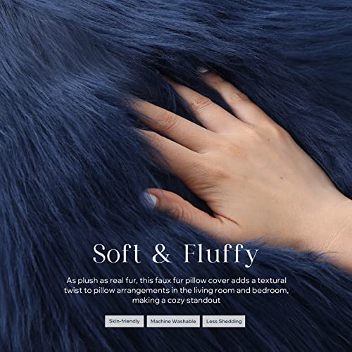 Image of Phantoscope Pack of 2 Faux Fur Solid Throw Decorative Pillow Cover Cushion Covers Luxury Soft Decorative Pillowcase Fuzzy Pillow Covers for Bed /Couch,Navy Blue 26 x 26 Inches