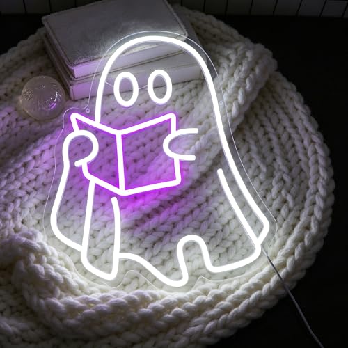 Image of White&Purple Neon Sign Led Neon Lights Signs for Wall Decor USB Powered Led Signs for Room Decoration-Ghost Read Book