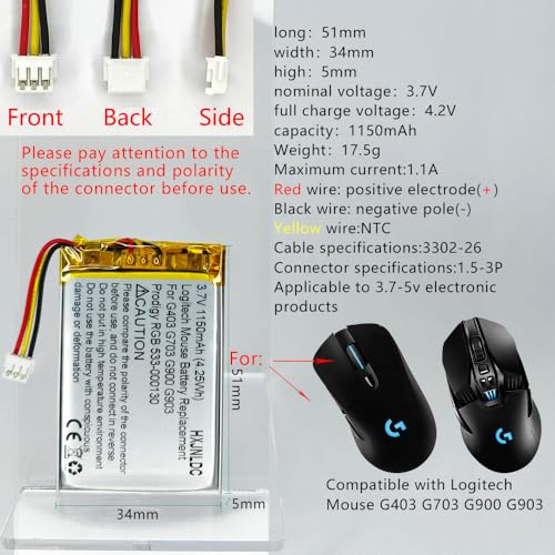 DC 3.7V 1150mAh Lithium polymer rechargeable battery for Logitech Wireless mouse G403 G703 G900 G903 Prodigy RGB 533-000130 and DIY 3.7-5V Electronic Products with Built-in 3-Wire Battery Replacement