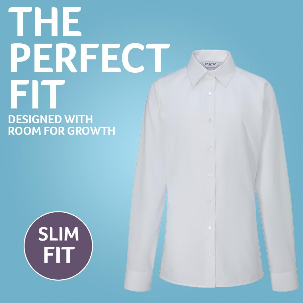 Trutex Basics - Paquete de 2 blusas escolares blancas de manga larga para niñas (3 a 16 años). Camisas escolares ajustadas, camisas blancas para niñas, blusas escolares fáciles de planchar - Uniforme