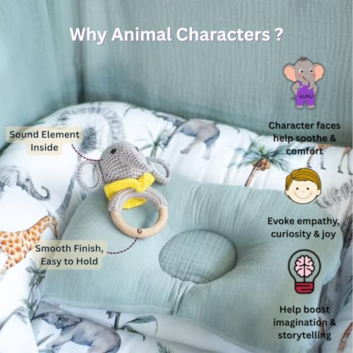 Image of Newborn Gift Box Elephant Collection (0-12 Months) | 3-in-1 Set with Crochet Rattle, Wooden Dumbbell Ring Rattle & Elephant Teether | Montessori Baby Toy| BPA Free | Non-Toxic Cotton & Beechwood | Gift Box