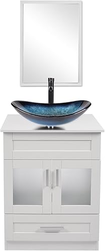 Puluomis Moderno mueble de baño Combol de 24 pulgadas con grifo de ahorro de agua de 1.5 GPM y drenaje desplegable y espejo de latón macizo