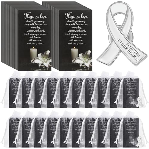 Image of Unittype 60 Set Funeral Ribbon Pins Awareness Lapel Pin | Memorial Pins Remembrance Ribbon Brooch with Prayer Cards Organza Bags for Women Men