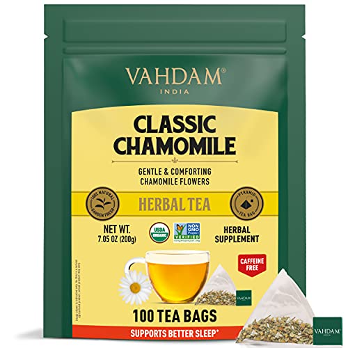 VAHDAM, ORGANIC Chamomile Herbal Tea (100 Tea bags) | 100% Natural Ingredients | Chamomile Tea | CAFFEINE FREE | Night Time Beverage | Soothing & Calming Tisane | Floral Flavor