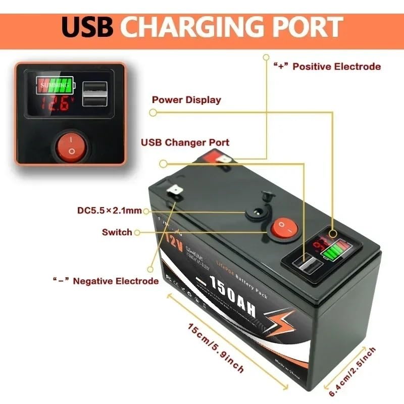 Batteria al litio ricaricabile da 12 V 150 Ah LiFePO4(USB 120Ah x 1)