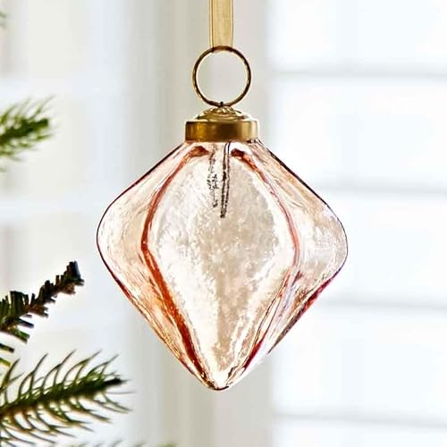 Paper High Apricot Coloured Recycled Glass Diamond Christmas Baubles - 8Cm - Holiday Décor - Christmas Décor - Xmas Hanging Glass Ornaments - Tree Decoration