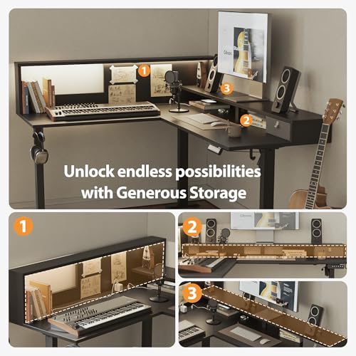 Image of Agilestic L-Shaped Electric Standing Desk, 63x55 Inch Ergonomic Adjustable Height Desk with Storage, Stand Up Corner Desk Sit Stand Computer Table Power Outlet & LED Lights, Office Table, Black