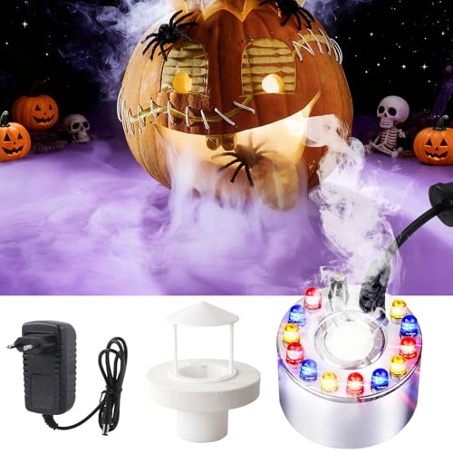 YeahBoom Ultraschall Vernebler,Nebelmaschine Mini Halloween,12 LED Ultraschall Nebelmaschine,mit Abnehmbarem Spritzschutz,für Brunnen Teich Steingarten Halloween Deko