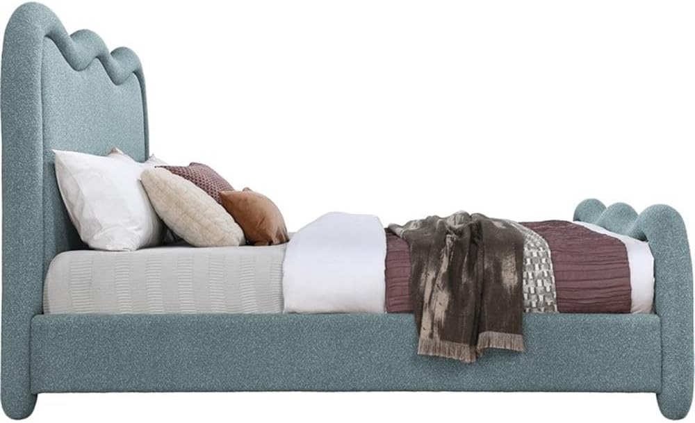 BOWERY HILL Contemporary Queen Bed, Soft Blue Chenille Fabric, 68.5" W x 89" D x 55" H, Curved Headboard and Footboard, Fully Slatted Frame, No Box Spring Needed, Art Deco Design for Modern Bedroom