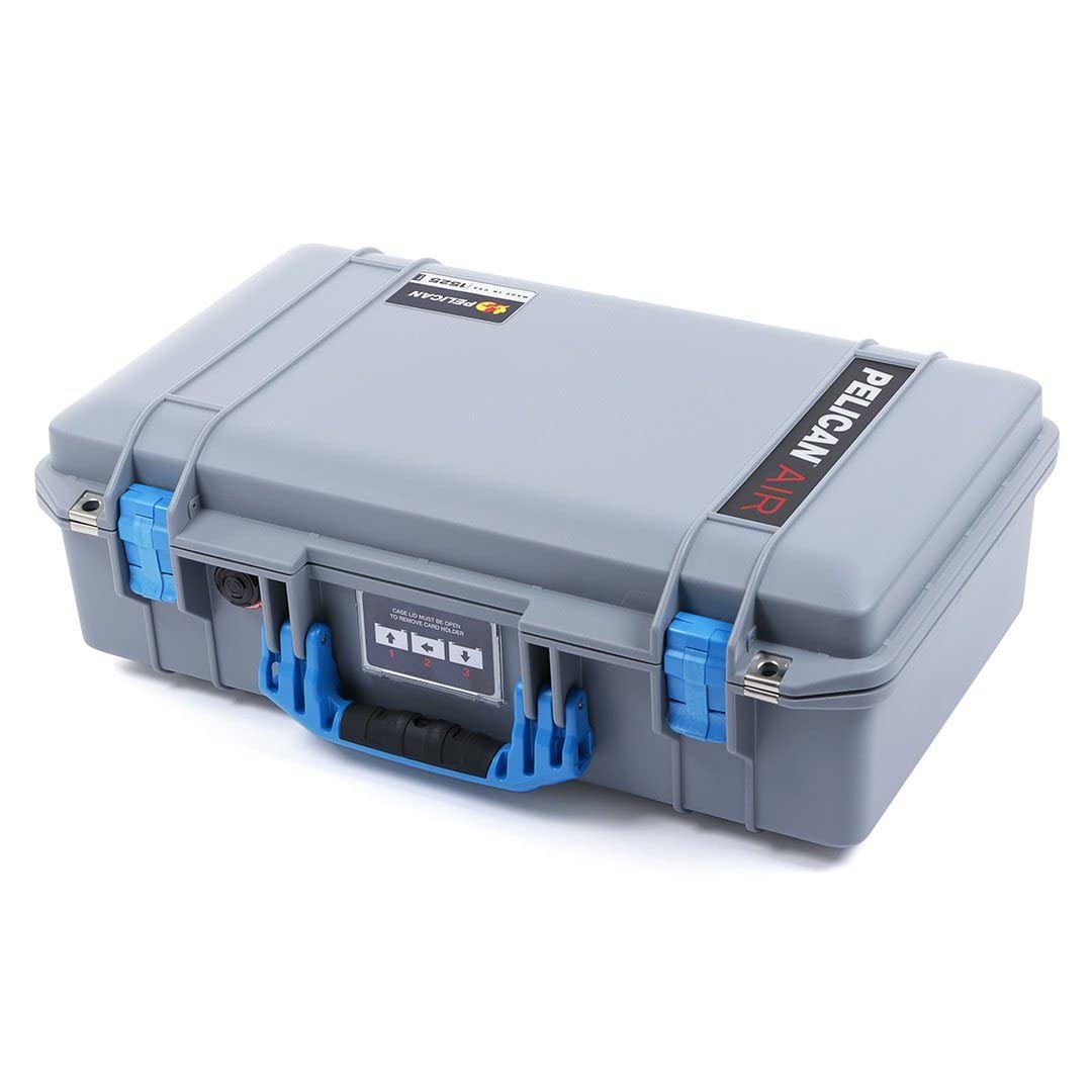 Silver Pelican 1525 Air case with Blue Handle & latches. Comes with Foam.