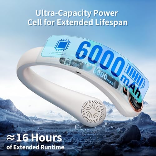 Image of Portable Neck Fan with 6000mAh USB - Rechargeable Battery, Ultra-Light Bladeless Neck Fan LED Display, 360 Cooling Wearable Fan, 3 Speeds-White