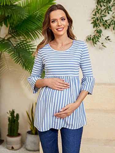 Ecavus Womens Casual Maternity Tops Striped Peplum 3/4 Ruffle Sleeve Shirt Ultra Soft Pregnancy Clothing #TOP1