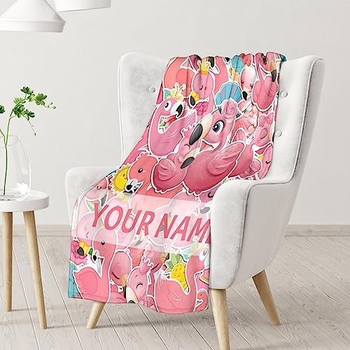 Personalized Flamingo Blanket Gifts with Name - 50x60 Inches Cute Throw for Women & Girls - Pink Soft Fuzzy Blankets for Bed, Couch & Living Room