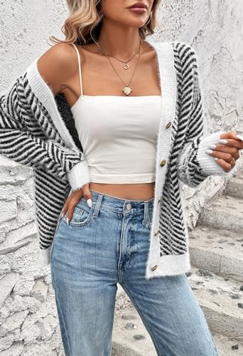 Pink Queen Women's Fuzzy Sweater Cardigans V Neck Long Sleeve Button Down Open Front Stripe Color Block Cardigan Outerwear2