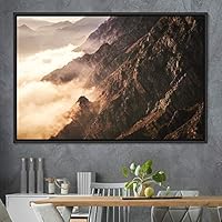 Framed Canvas Wall Art Foggy Mountains Aerial Cool Multicolor Nature Photography Realism Relax/Calm Rustic Wilderness - 16x24 inches