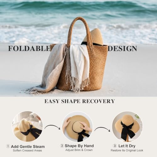 Image of Surblue Women's Beach Straw Hat, Wide Brim Sun Hat with Black Bow
