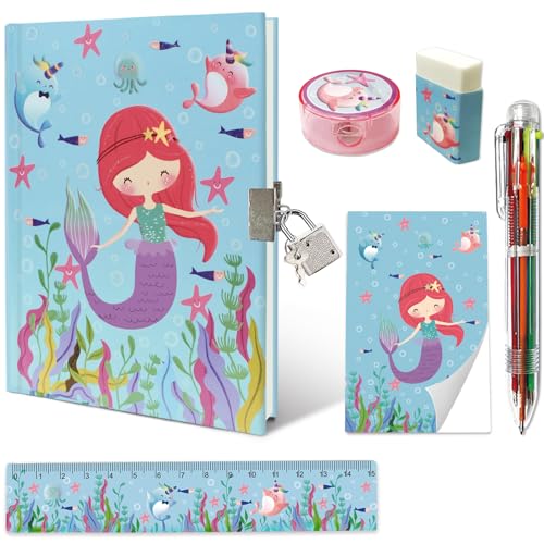 Set of Secret Diary for Girls, 6Pcs Gifts Stationery Set for Girls incl. Diary with Lock MemoPad Ruler Eraser Sharpener Six-Multicolored Pen Kids Notebook for Girls Birthday Presents Age 5-10 Year Old