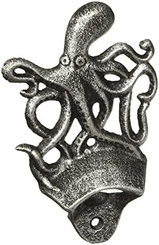 Hampton Nautical Antique Silver Cast Iron Wall Mounted Octopus Bottle Opener
