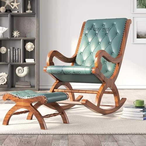 Image of CLASSIC WOOD & CRAFT Elegant Sheesham Wood Rocking Chair for Adults - Upholstered Seat & Backrest with Footrest Stool (Model-WSB-1)