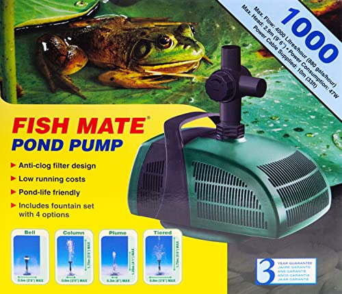 Fish Mate 1000 Pond Pump -Ceramic Shaft Bearings, Anti-Clog Filter Design, Low Running Costs, Includes Fountain Set With 4 Options #TOP6