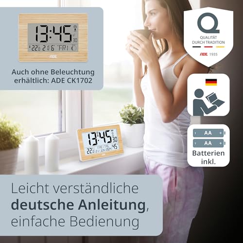 ADE Digitale XL-Funkuhr mit sehr großen Ziffern | Tischuhr mit 2 Weckzeiten und Beleuchtung | Thermometer Hygrometer | schmaler Rahmen aus echtem Bambus