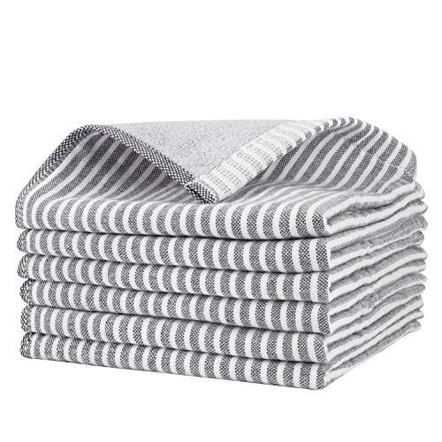 Beasea Geschirrtücher für die Küche, 6 Stück Baumwoll-Reinigungstücher, gestreift, 33 x 33 cm, Reinigungstücher, weiches Geschirrtuch, sehr saugfähig, für Haushalt, mit Aufhängeschlaufe grau Cover