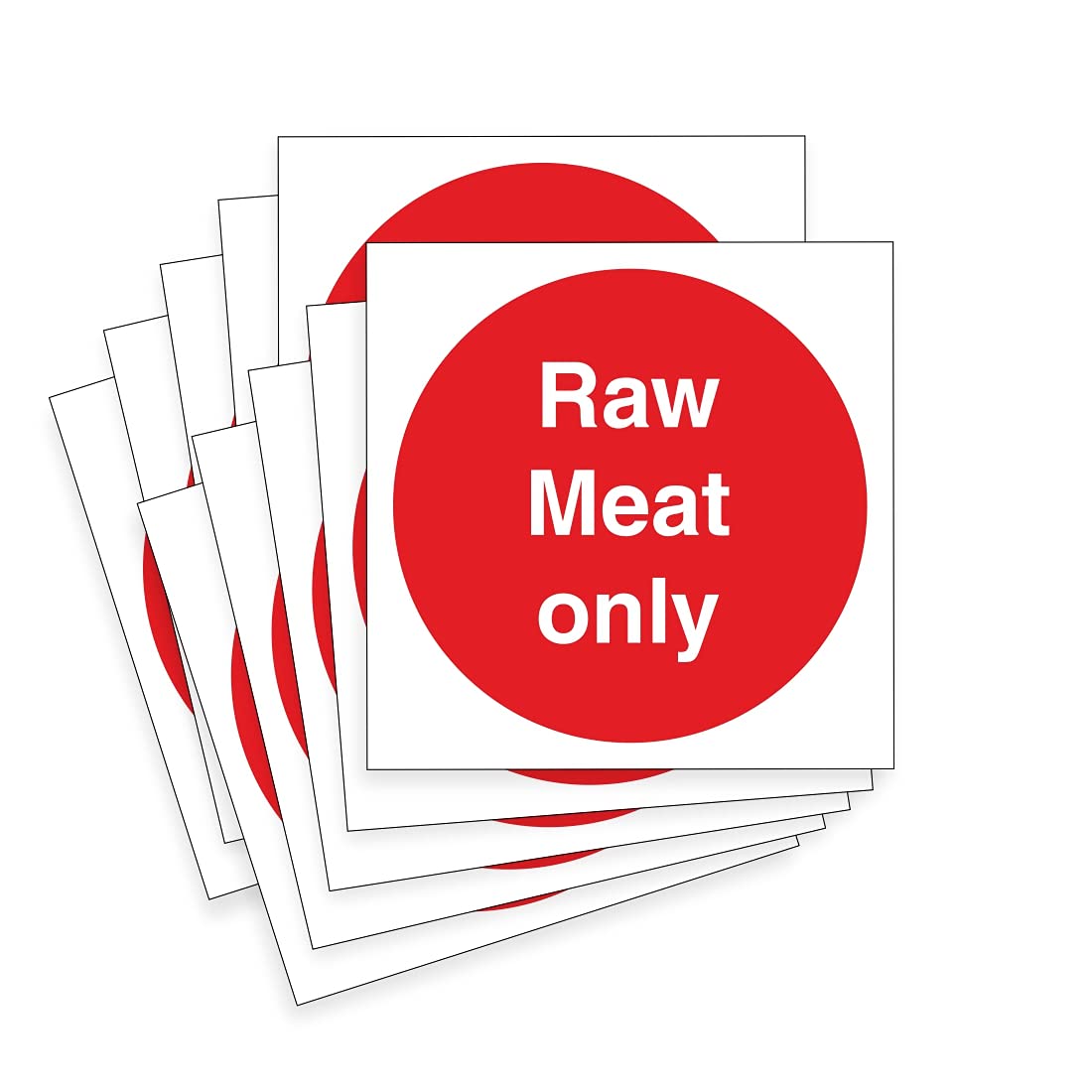 Pack of 10 Raw meat only signs - hygiene health and safety - 100mm x 100mm self adhesive vinyl label stickers