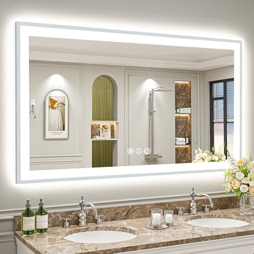 Image of 60x36 Brushed Nickel LED Bathroom Mirror with Lights, Backlit & Front-Lit, Anti-Fog, Framed Lighted Vanity Mirrors for Bathroom Wall, Dimmable, 3 Colors, Memory, Shatter-Proof, Tempered Glass